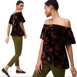 LOFT Women’s Black Red Velvet Floral Off the Shoulder Blouse Size Small